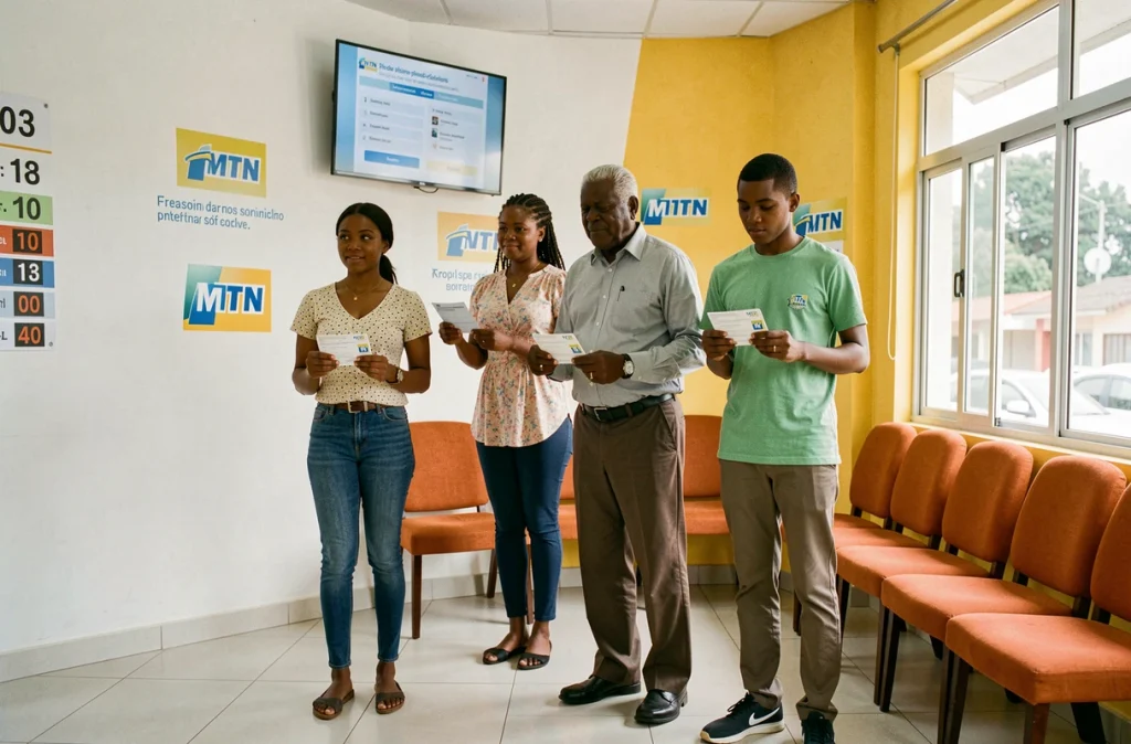 File d'attente de clients avec documents d'identité dans un centre de service MTN en Côte d'Ivoire pour l'identification SIM