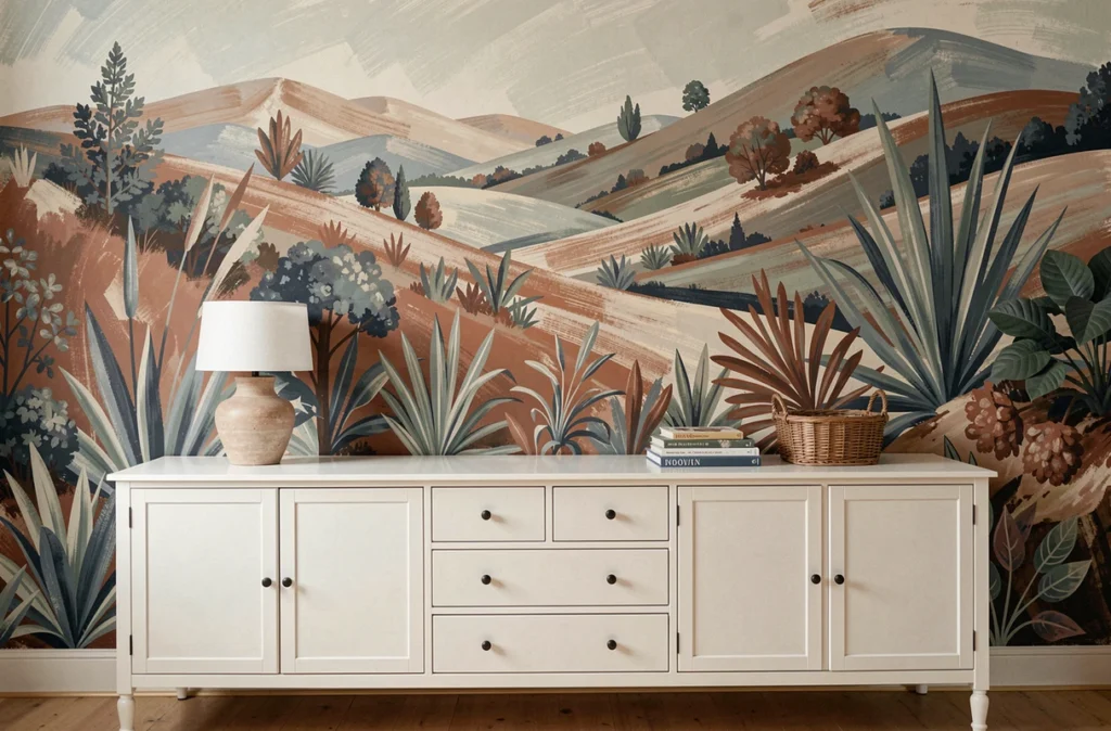 Fresque murale peinte à la main avec motifs botaniques abstraits derrière un buffet blanc dans un salon éclectique