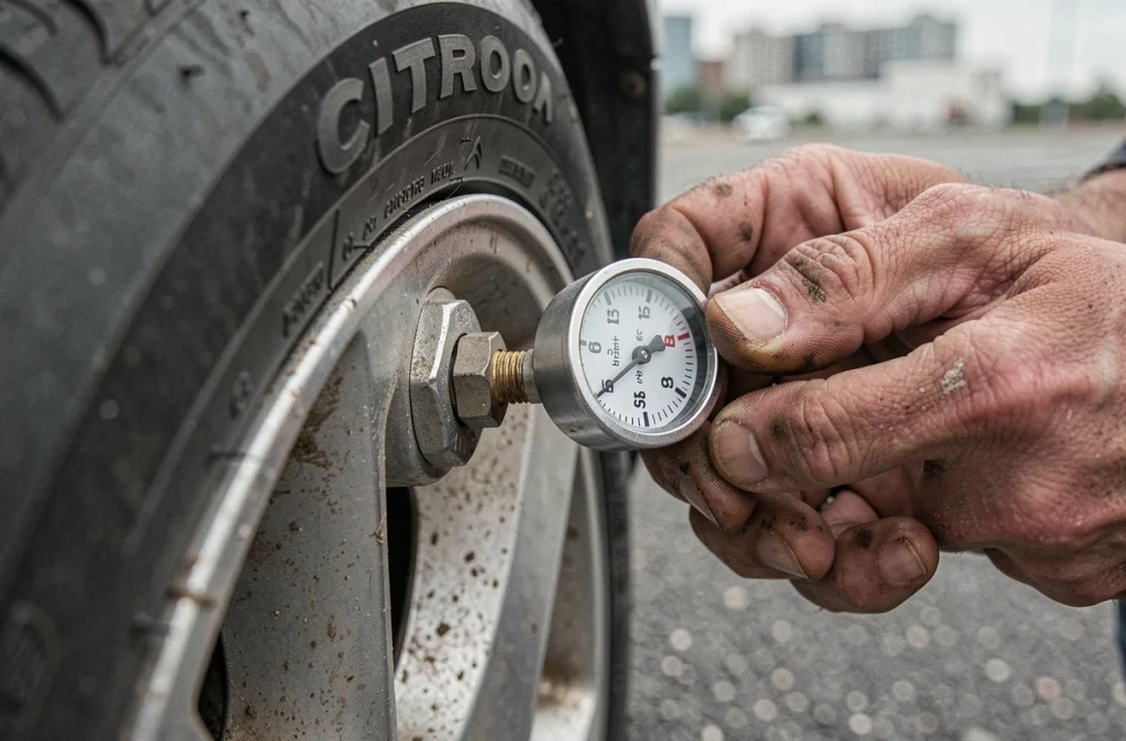 Gros plan sur la valve de pneu d'une Citroën C5 avec manomètre pour contrôle de pression