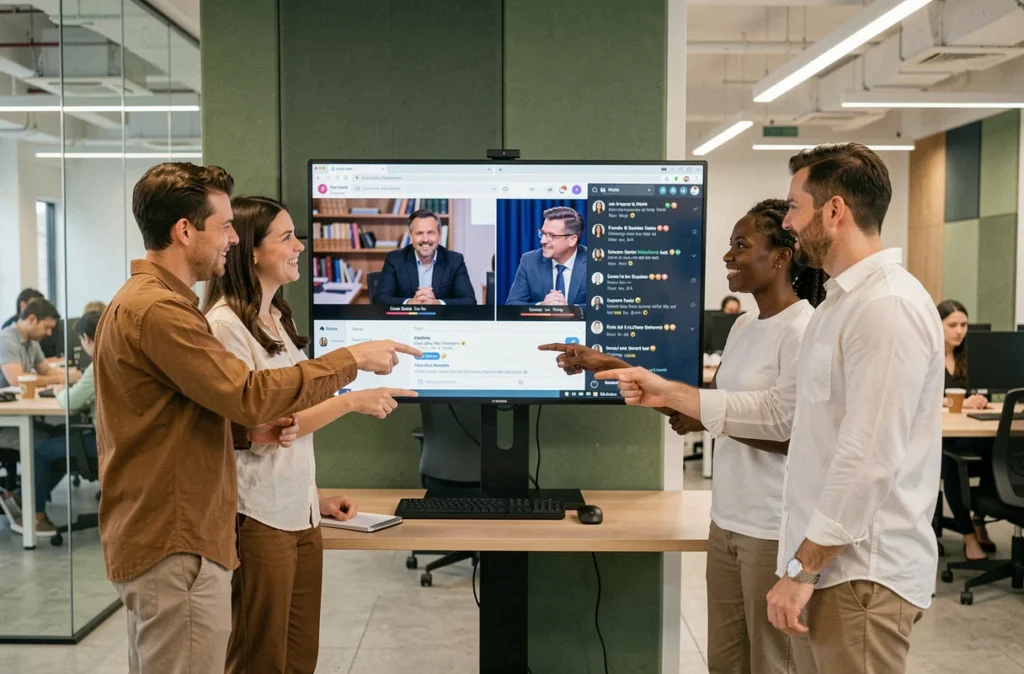 Groupe de collègues analysant des débats en ligne sur un grand écran partagé dans un open space moderne