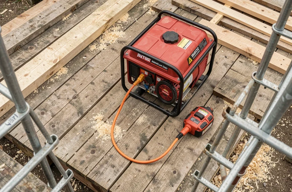 Groupe électrogène Honda EX650 branché à une rallonge électrique sur un chantier de construction en extérieur, vue plongeante