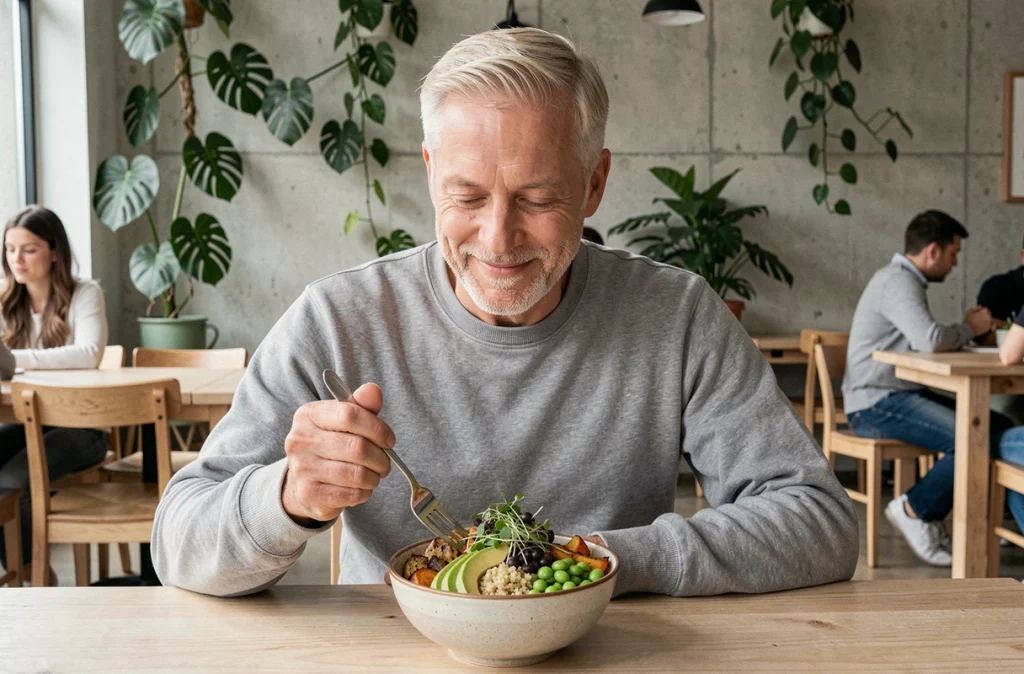 Homme souriant dégustant un Buddha bowl vegan coloré dans un café moderne aux murs en béton et plantes vertes