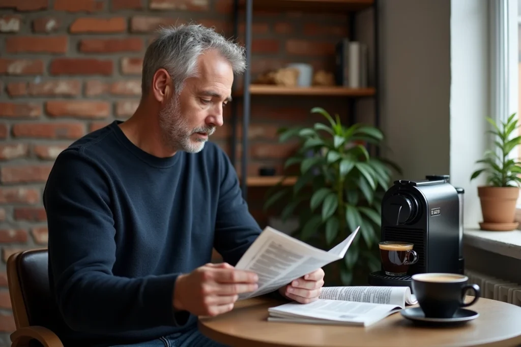 Homme savourant un café fraîchement préparé par une machine à grains dans un coin lecture cosy et chaleureux