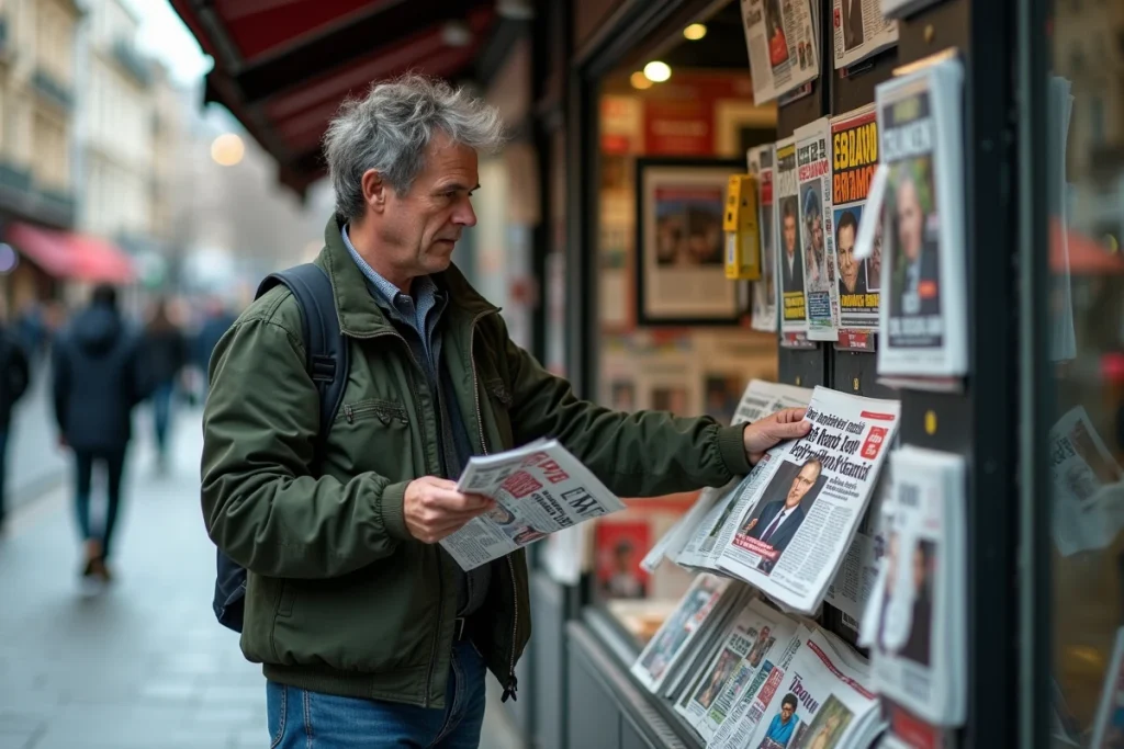 Homme feuilletant des magazines et journaux insolites à un kiosque à journaux urbain animé