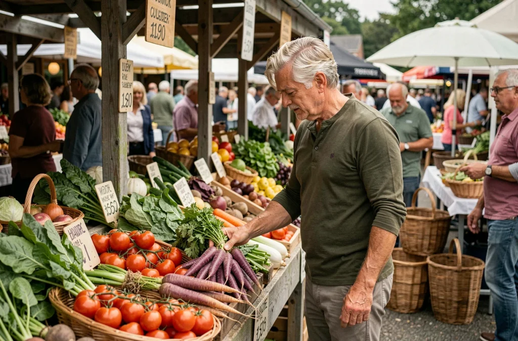 Homme mature inspectant des légumes biologiques dans un marché fermier animé, illustrant un mode de vie vegan