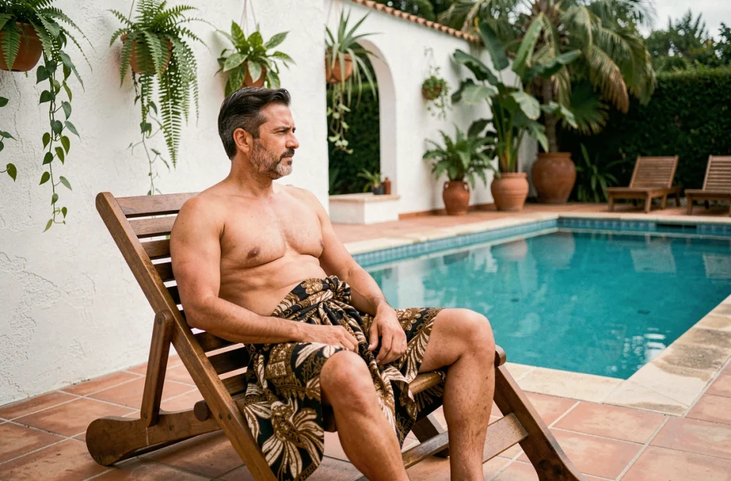 Homme portant un paréo batik noué en sarong au bord d'une piscine de villa, style resort élégant