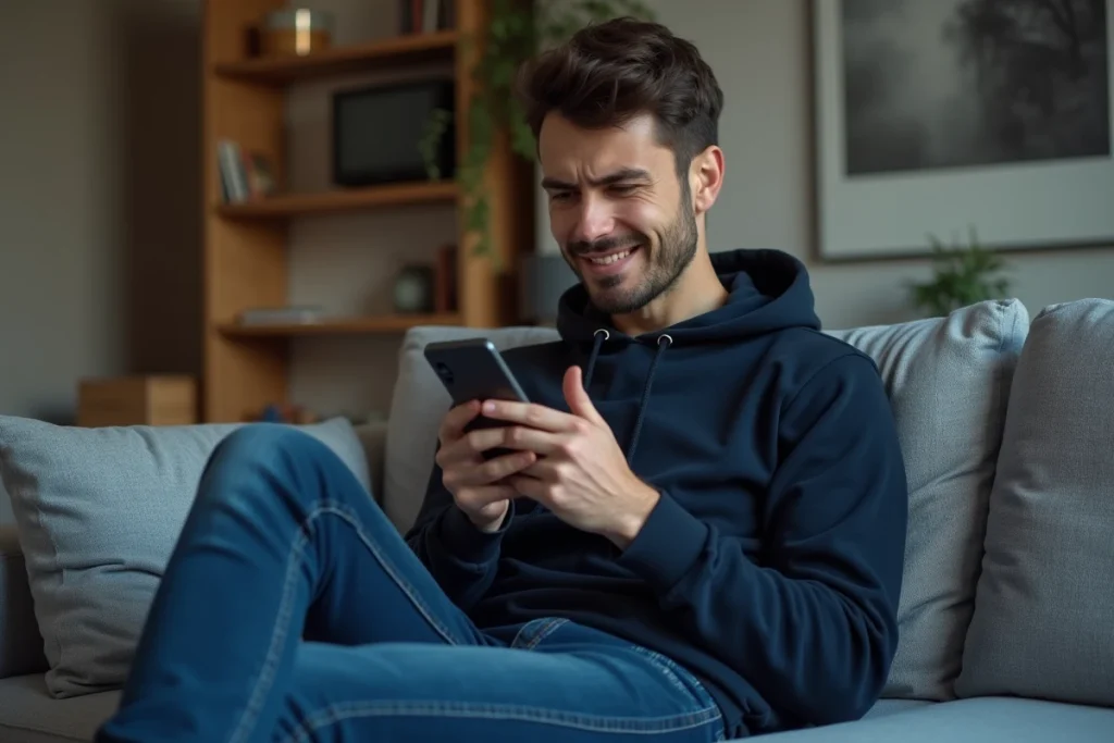 Homme assis sur un canapé vérifiant ses messages Messenger pour détecter une mise en sourdine