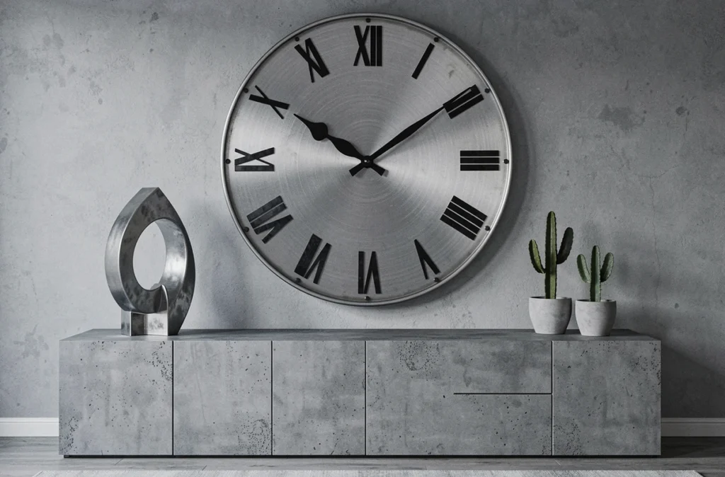 Horloge murale oversize ronde en métal industriel au-dessus d'un buffet finition béton dans un salon contemporain