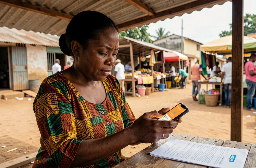 Femme ivoirienne effectuant son identification MTN en ligne via smartphone dans un quartier semi-urbain de Côte d'Ivoire