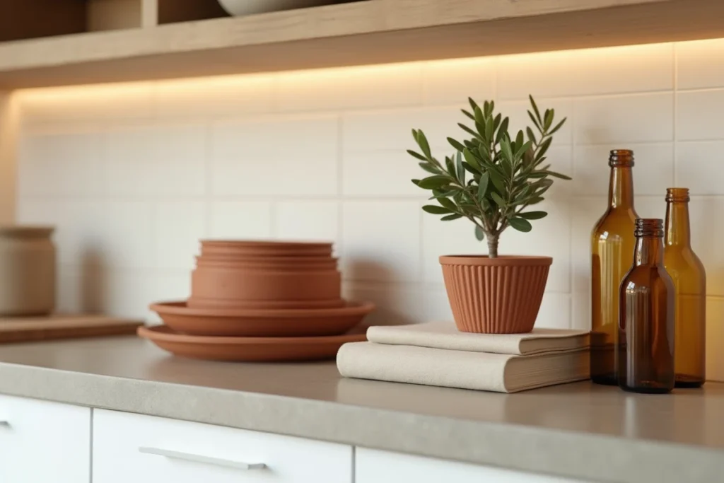 Étagère de cuisine contemporaine décorée avec des bols en terracotta, un olivier en pot et des bouteilles en verre ambré pour une ambiance déco tendance