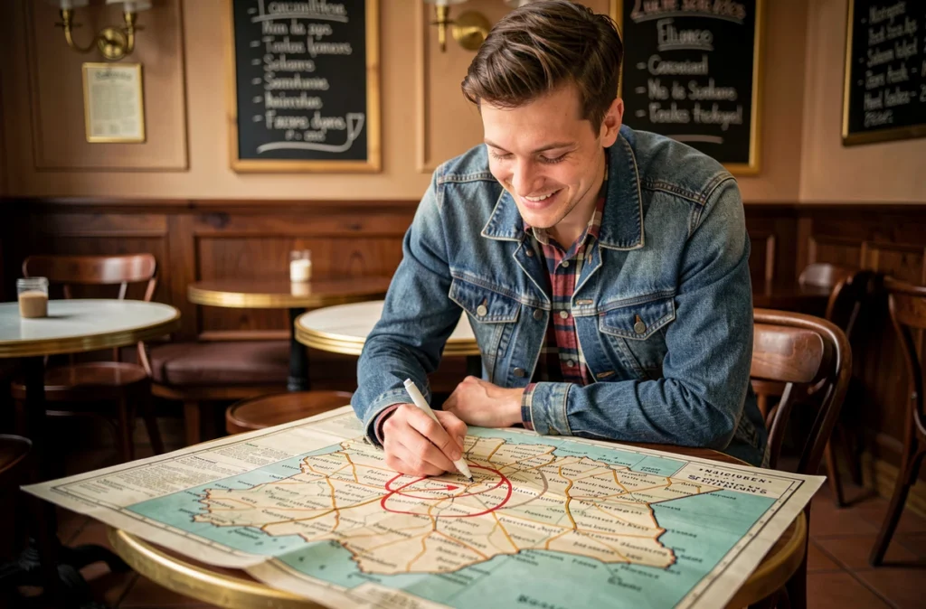 Jeune homme étudiant une carte de Belgique dans un café traditionnel pour mémoriser les villes à 6 lettres