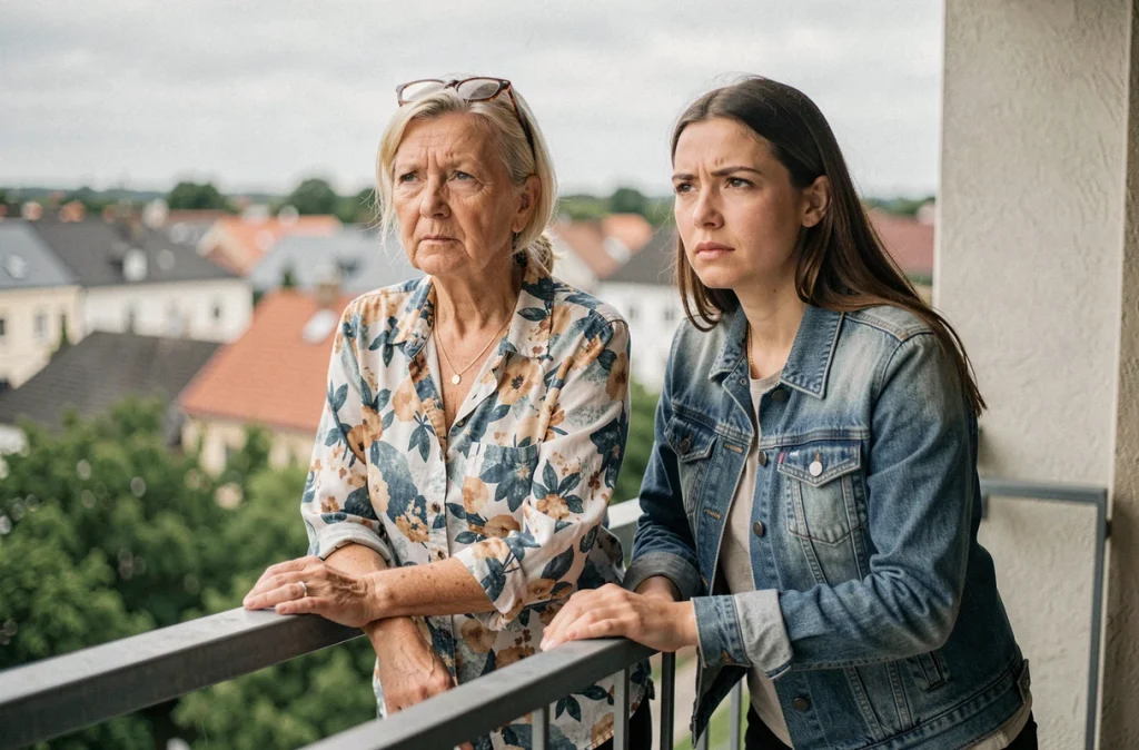 Mère et fille adulte côte à côte sur un balcon urbain après un conflit, posture de réconciliation émotionnelle et de fatigue partagée
