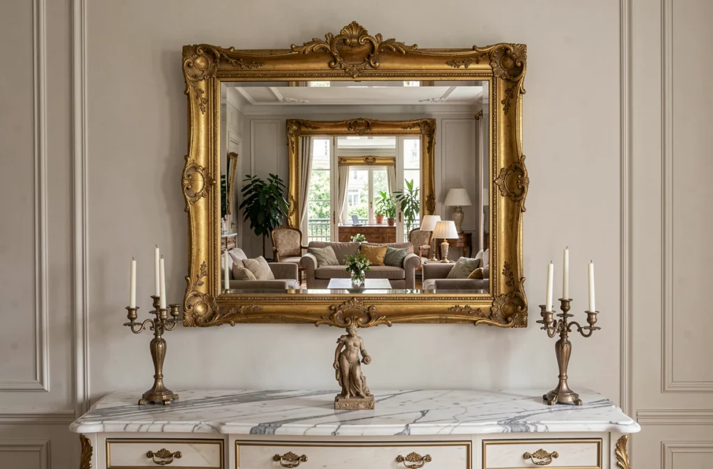 Miroir décoratif à cadre doré ancien au-dessus d'un buffet à plateau en marbre dans un salon de style parisien