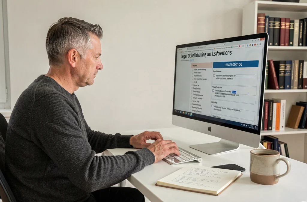 Homme vérifiant les obligations légales d'un site web depuis son bureau à domicile