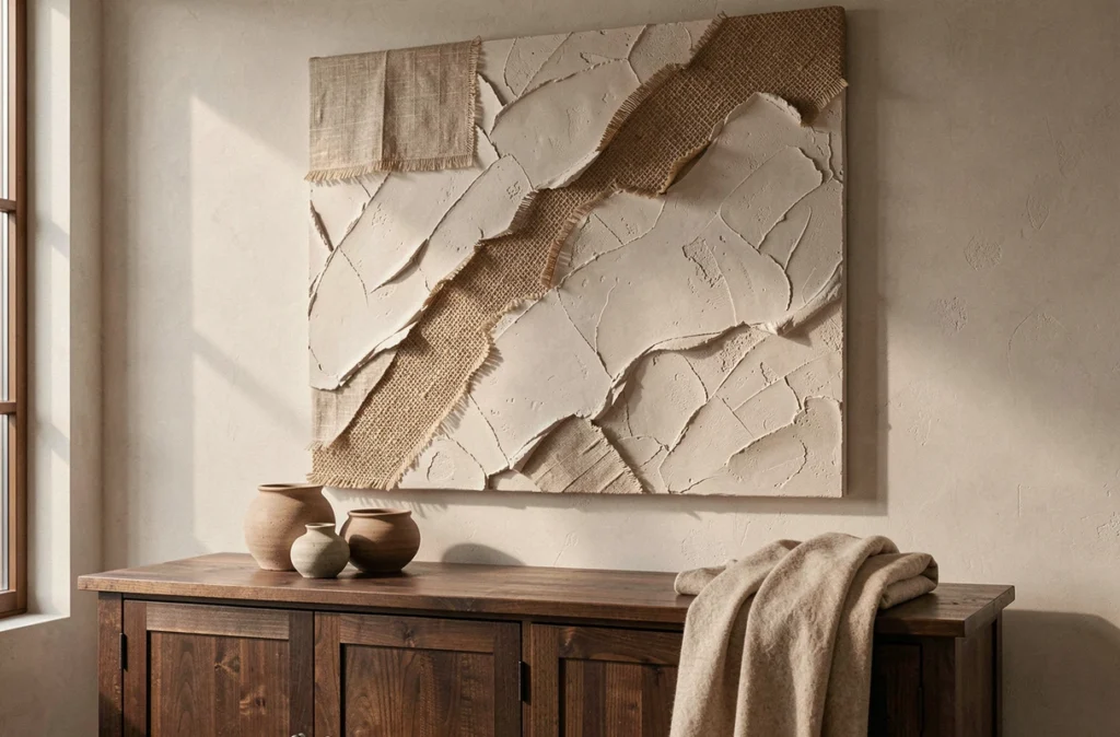 Œuvre d'art en relief texturé avec plâtre et lin au-dessus d'un buffet en bois sombre dans un salon raffiné