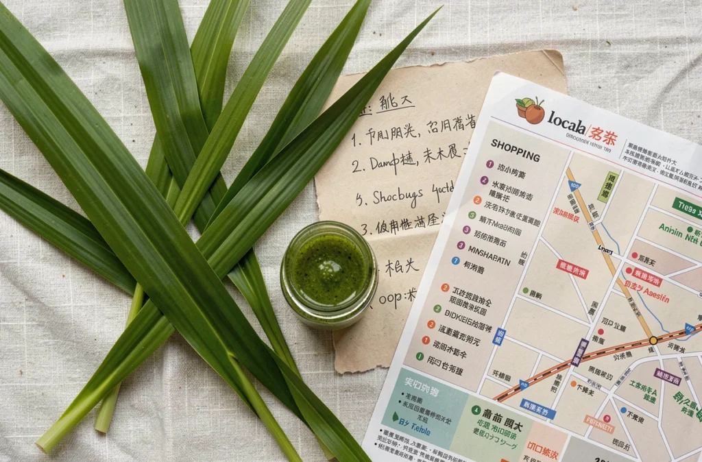 Feuilles de pandan fraîches posées à plat avec extrait de pandan et liste de courses pour trouver des adresses d'achat