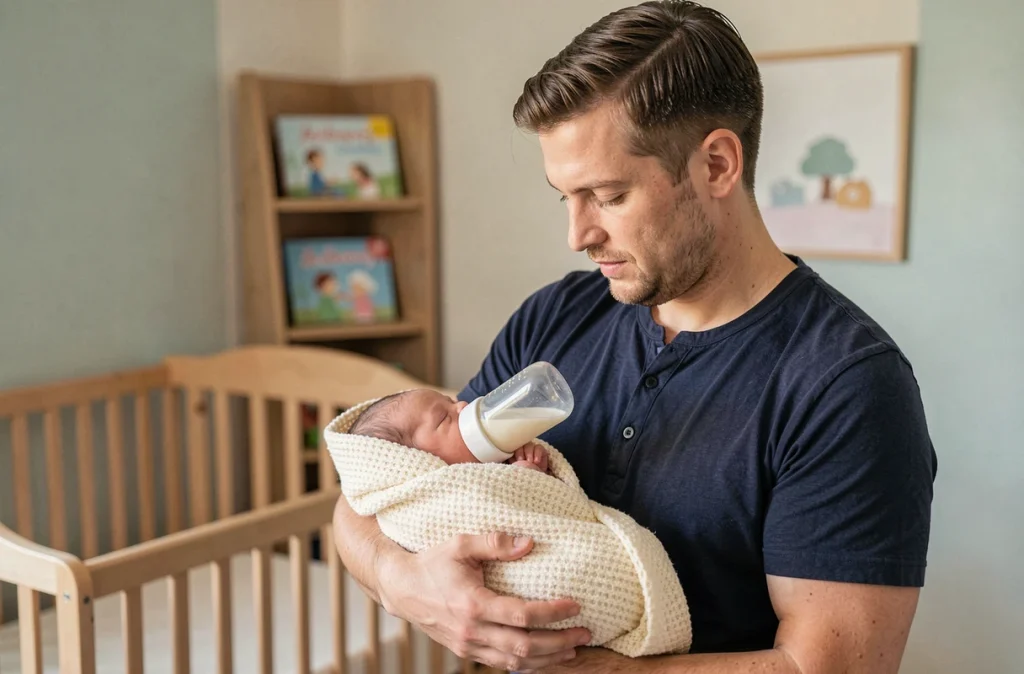 Papa donnant le biberon à son nouveau-né dans une chambre de bébé apaisante