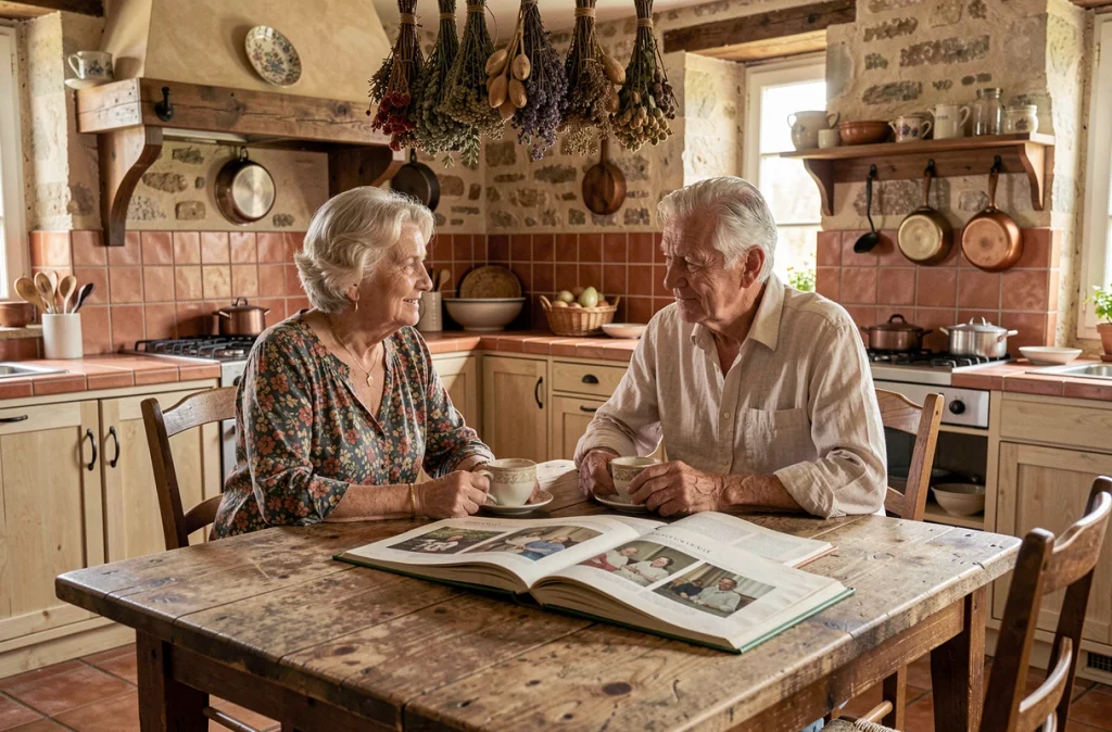 Couple de parents français âgés consultant des albums de photos de famille dans une cuisine provençale traditionnelle