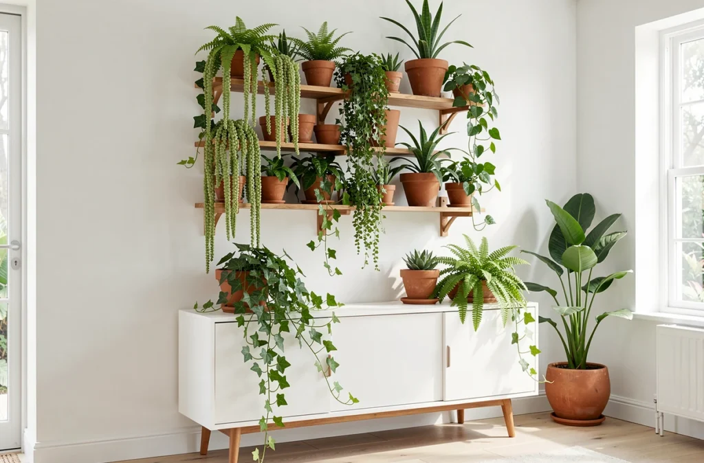 Support mural en bois avec plantes retombantes en cascade au-dessus d'un buffet blanc dans un salon botanique