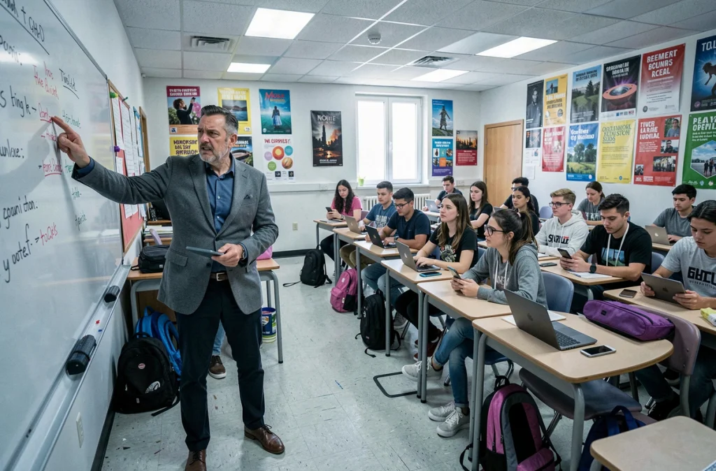 Professeur face à des élèves distraits par leurs téléphones en classe, représentant le défi de l'attention et des nouvelles technologies dans l'éducation