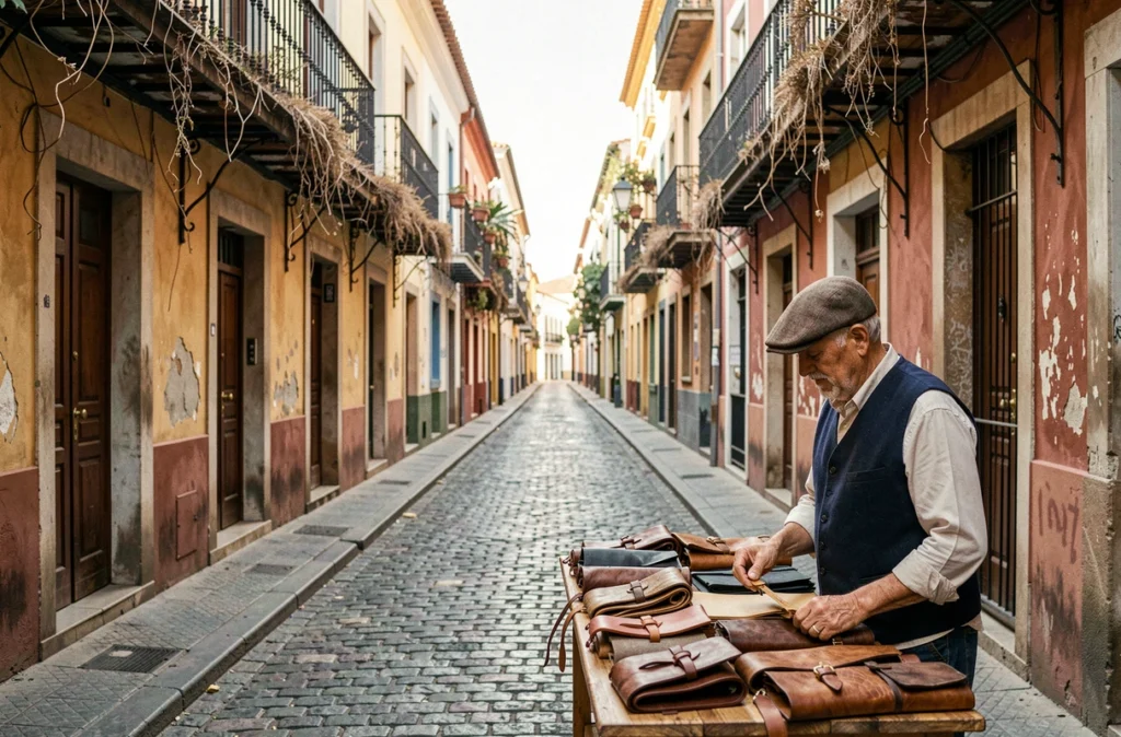 Rue pavée du quartier San Telmo à Buenos Aires avec un vendeur de rue et des balcons coloniaux typiques en août