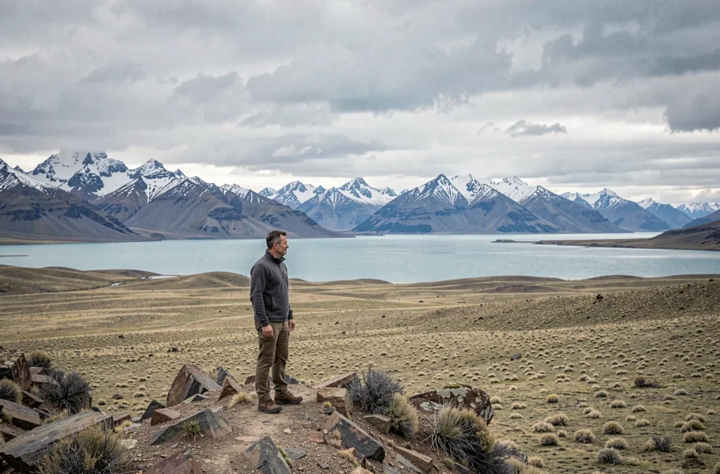Randonneur observant le lac Argentino et les sommets enneigés du parc Los Glaciares en Patagonie argentine en août