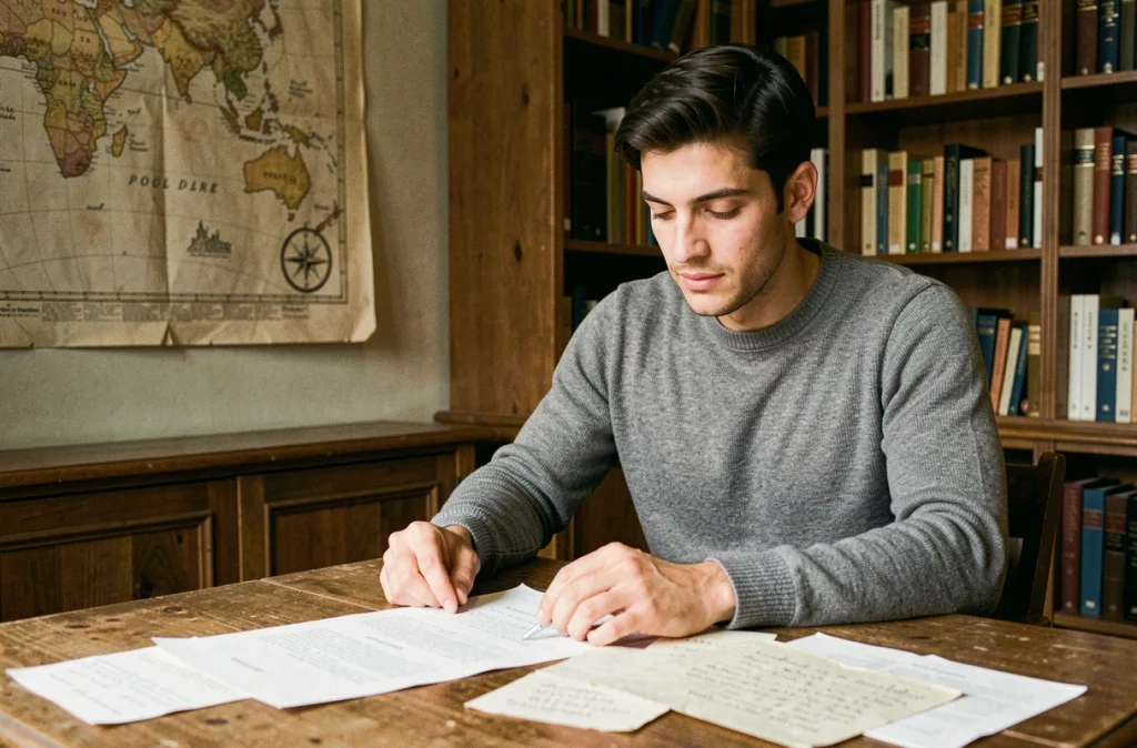 Jeune homme français effectuant des recherches sur ses origines et son histoire familiale dans une bibliothèque