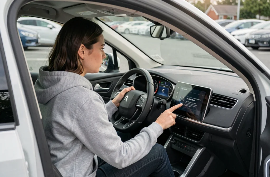 Femme réinitialisant la pression des pneus via le menu du tableau de bord d'une Citroën C5