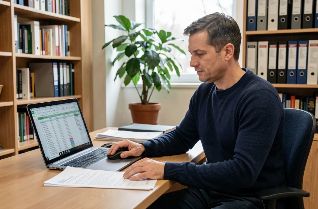 Responsable des ressources humaines consultant un tableur de calcul des rémunérations de vacataires