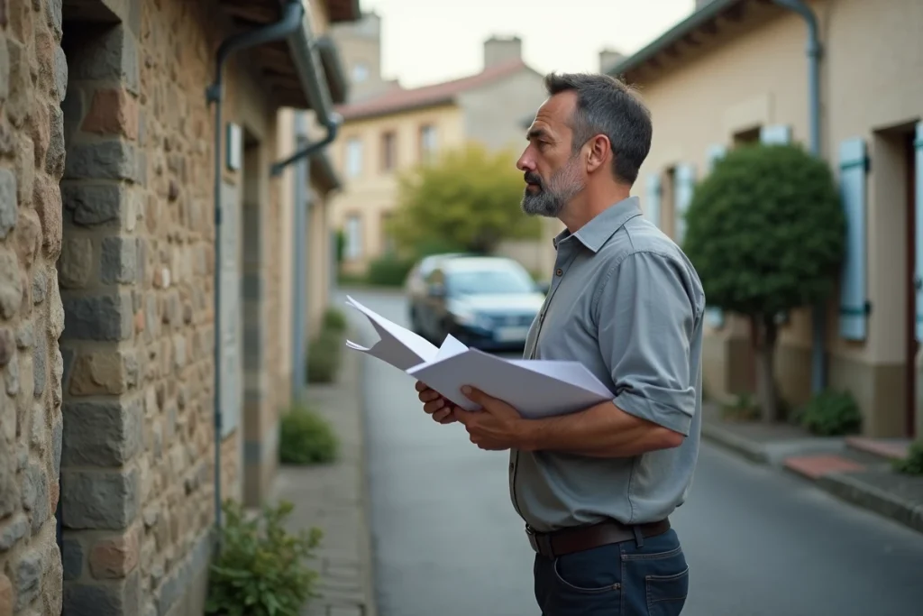 Homme propriétaire devant sa maison individuelle tenant des documents relatifs au RSA et aux aides sociales