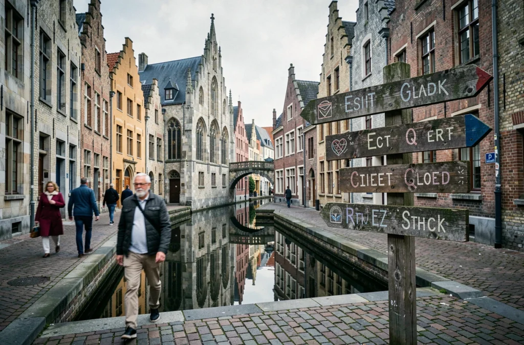 Vue panoramique d'une rue médiévale de Bruges avec panneau de villes belges et canaux historiques