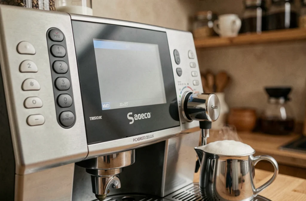 Gros plan sur le panneau de commande tactile et le bec vapeur de la Saeco Picobaristo Deluxe avec un pichet de lait moussé