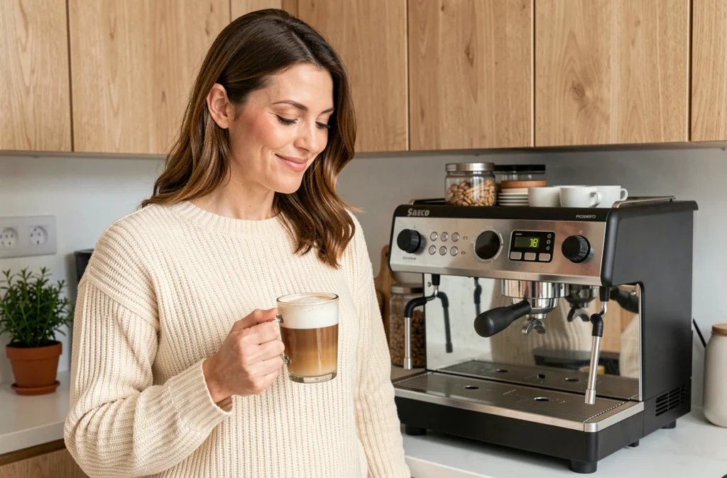 Femme tenant un latte dans une cuisine moderne devant la machine Saeco Picobaristo Deluxe, exprimant satisfaction et confort