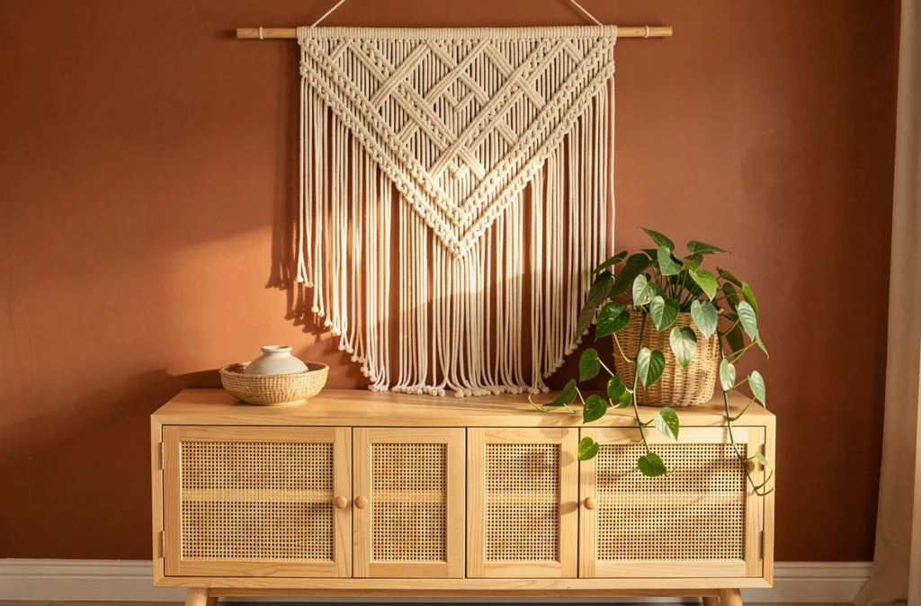 Grande suspension en macramé en coton naturel au-dessus d'un buffet en rotin et chêne clair dans un salon bohème