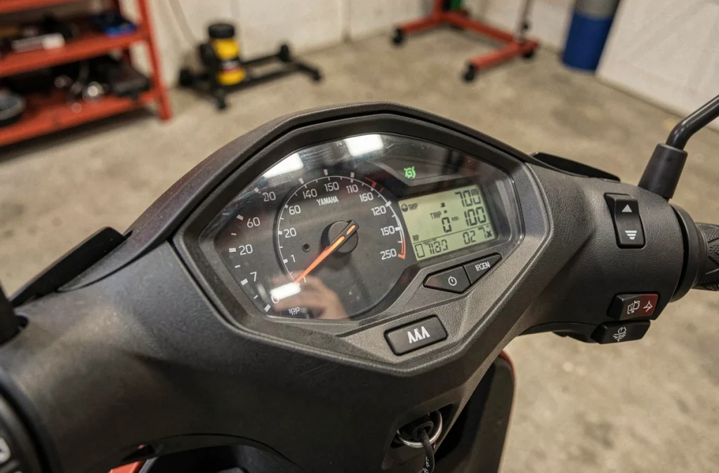 Gros plan sur le tableau de bord et le compteur de vitesse d'un Yamaha XMAX 125