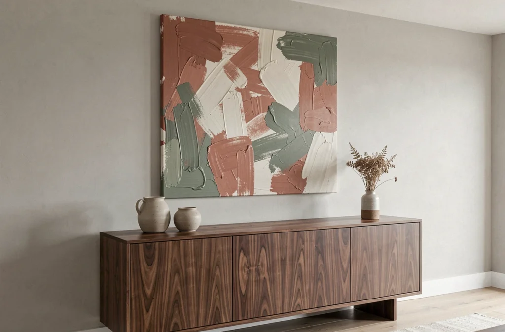 Grand tableau unique en format XXL accroché au mur au-dessus d'un buffet en noyer dans un salon contemporain