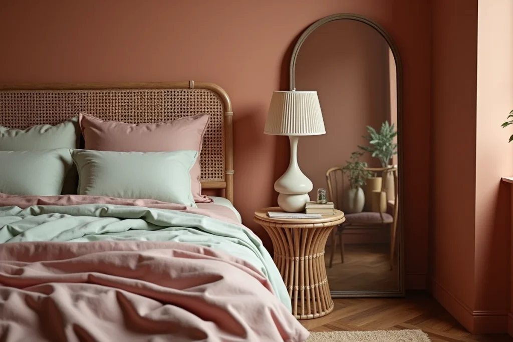 Coin chambre tendance avec tête de lit en rotin, literie en coton biologique dans des tons rose poudré et sauge, et table de chevet en rotin pour une décoration intérieure inspirante