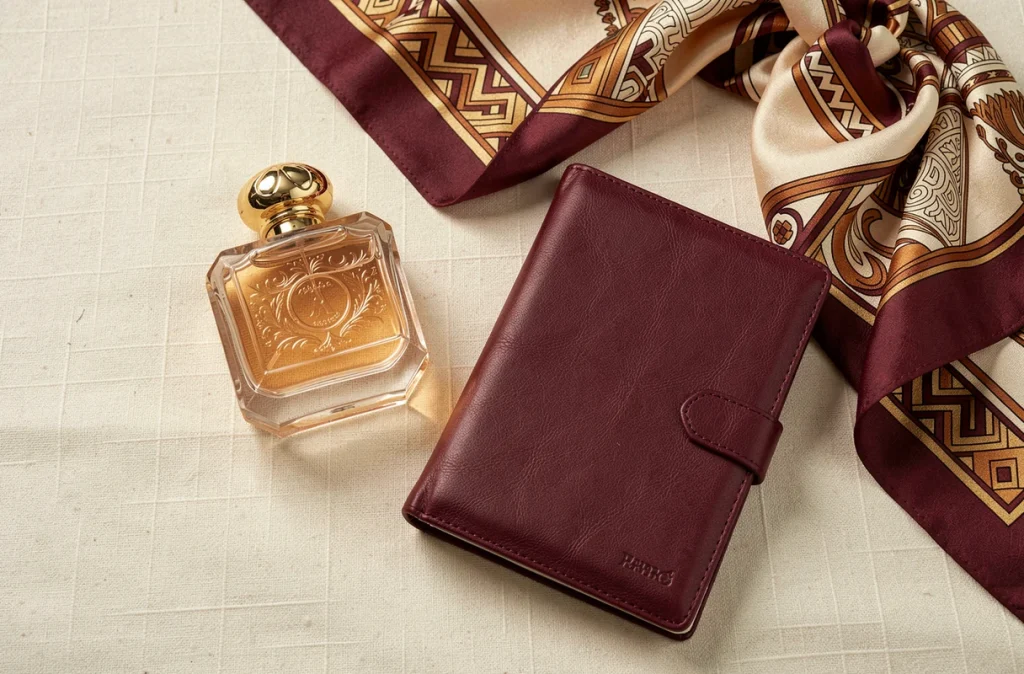 Flat-lay d'accessoires de luxe sur lin ivoire : flacon de parfum doré, agenda en cuir bordeaux et foulard en soie