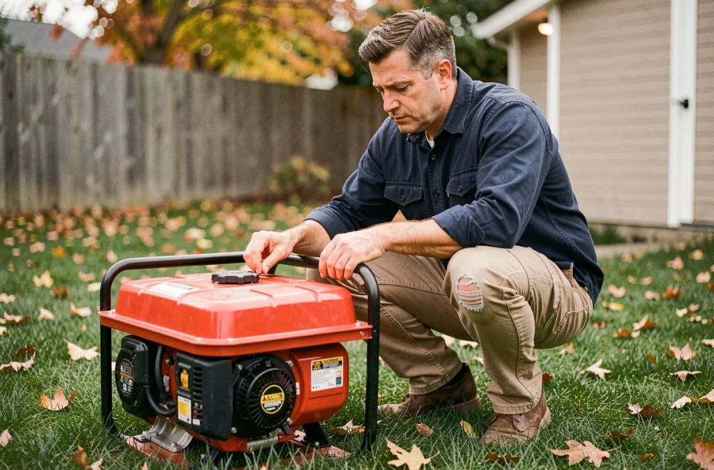 Homme inspectant le bouchon de carburant d'un groupe électrogène portable Honda EX650 dans un jardin en automne