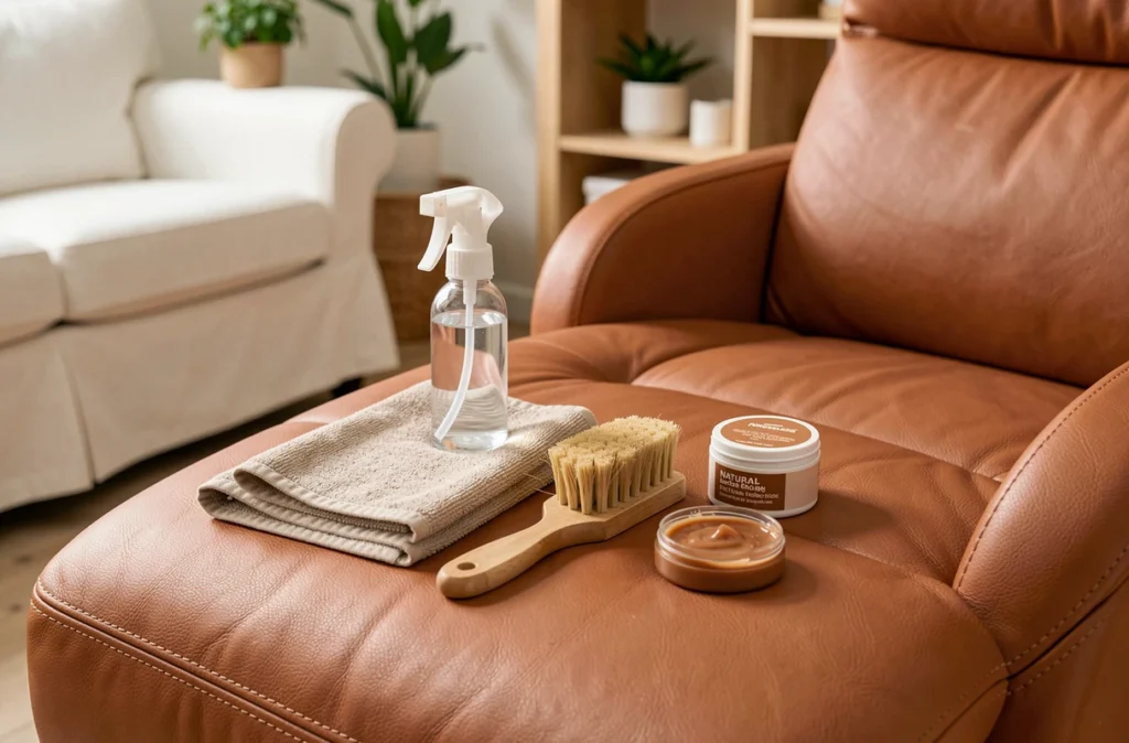 Accessoires de nettoyage pour fauteuil Stressless en cuir caramel disposés sur l'assise du fauteuil, vue rapprochée