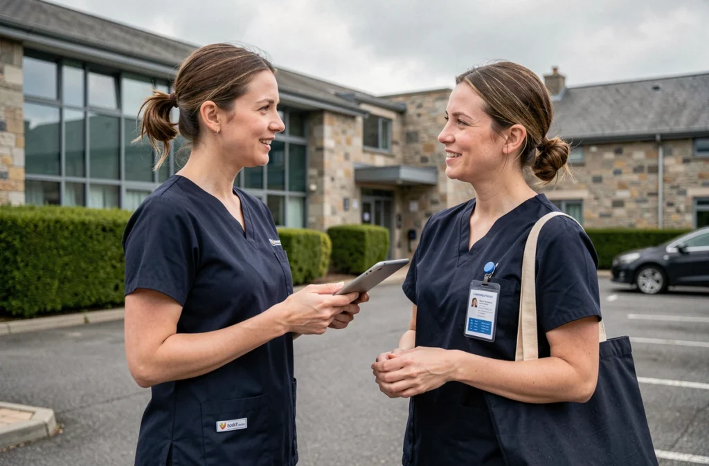 Deux aides-soignantes en discussion devant une maison de soins moderne au Luxembourg par temps nuageux