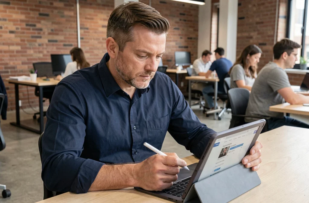 Homme consultant un annuaire téléphonique en ligne sur une tablette dans un espace de coworking