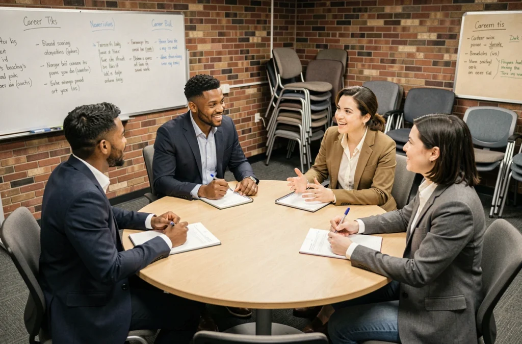 Groupe de professionnels participant à un atelier de networking pour booster leur carrière grâce aux dispositifs de Network Emploi