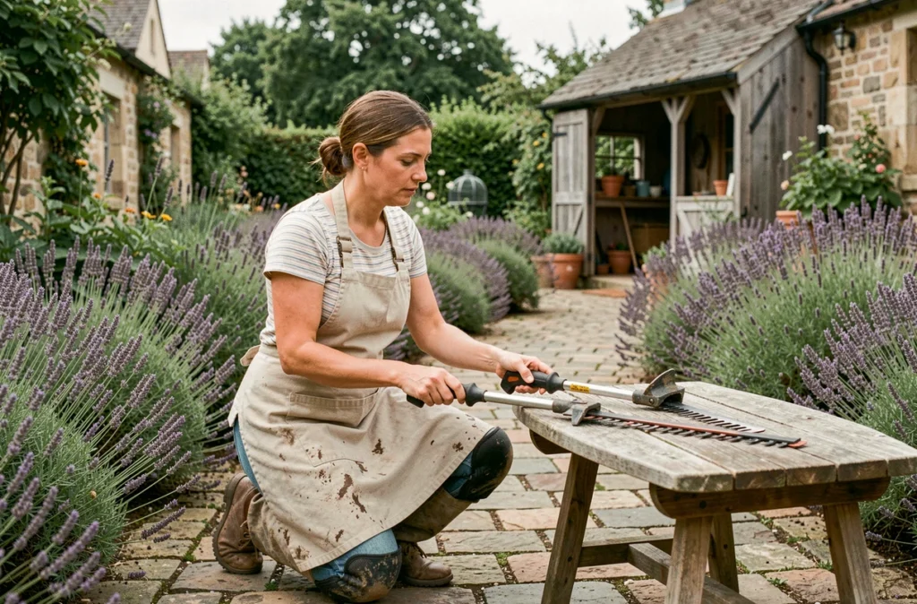 Femme comparant deux modèles de taille-bordure posés sur une table de jardin en bois dans un jardin de style cottage avec des bordures de lavande