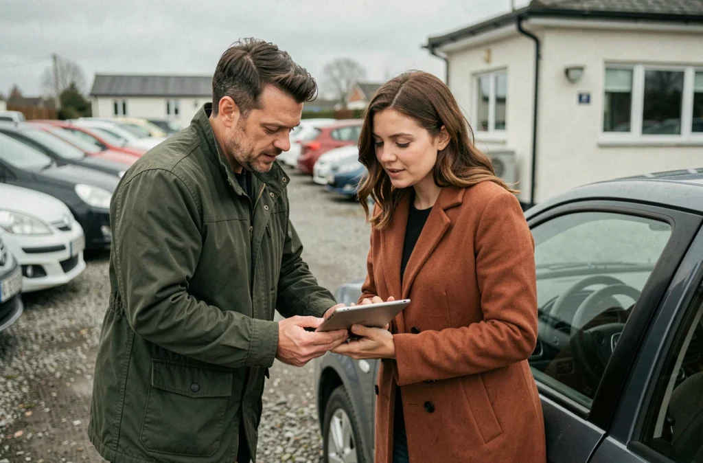 Couple consultant une fiche fiabilité automobile sur tablette dans un parc de véhicules d'occasion