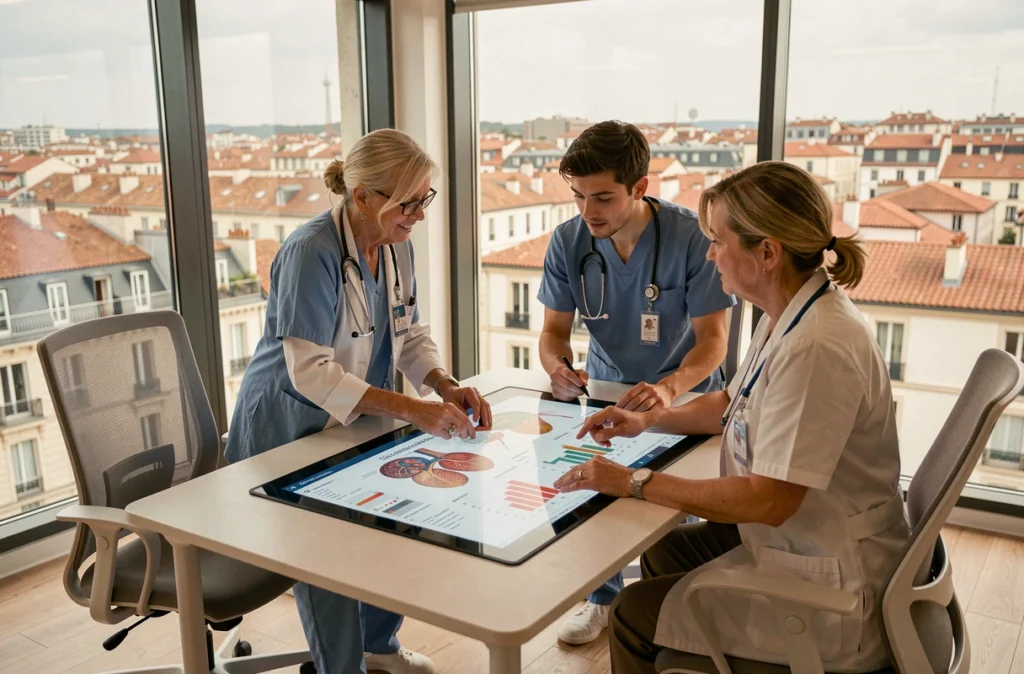 Équipe médicale pluridisciplinaire en réunion de collaboration dans une clinique réputée à Lyon
