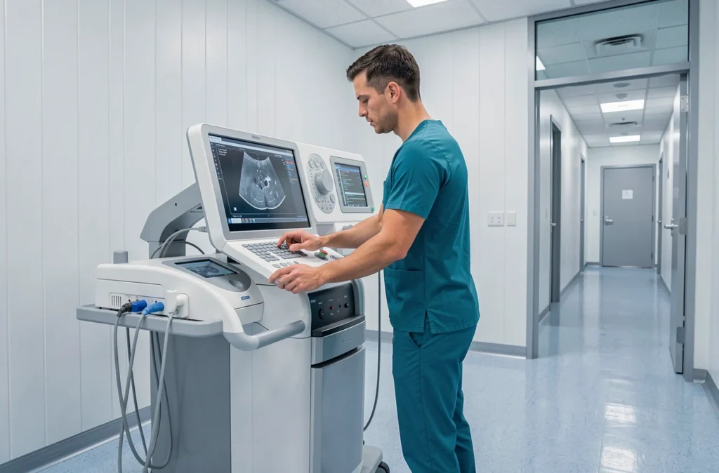 Infirmier utilisant un équipement médical de pointe dans une salle de radiologie moderne