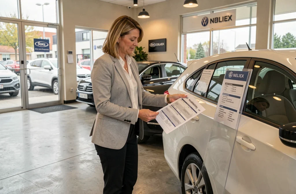 Femme comparant une fiche fiabilité lpdd avec la fiche technique d'une voiture dans un concessionnaire automobile