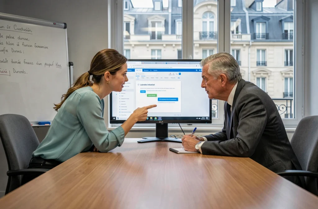Deux agents parisiens, une jeune femme et un collègue senior, travaillant ensemble sur le tutoriel du portail Mon IntraParis dans une salle de réunion administrative avec vue sur Paris