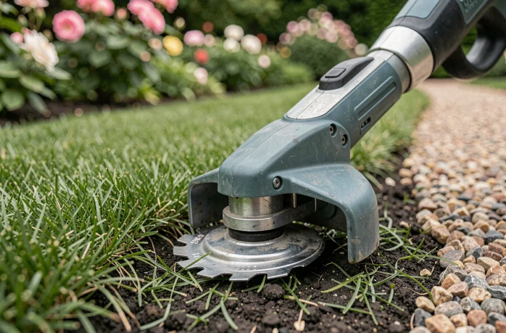 Gros plan d'un taille-bordure électrique professionnel appuyé contre une bordure de pelouse parfaitement taillée dans un jardin résidentiel soigné